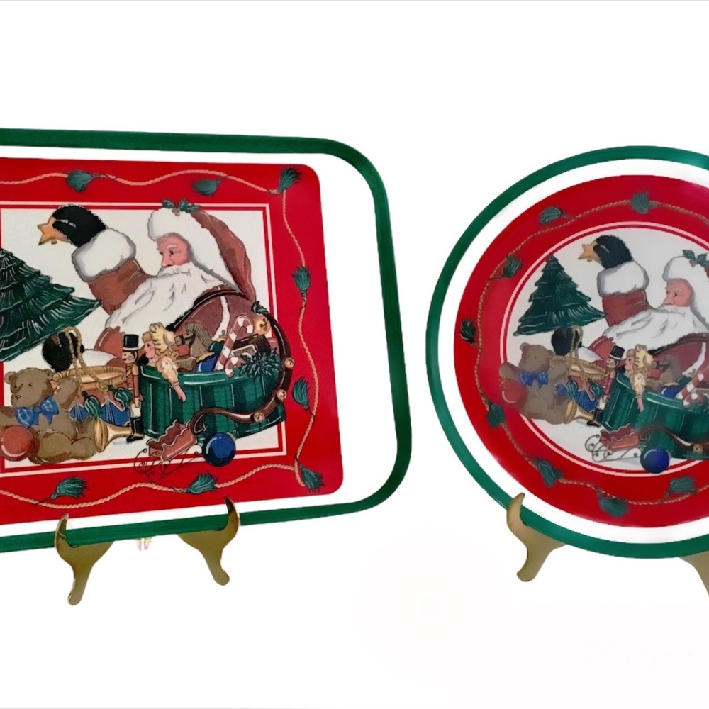 Vintage Christmas Melamine Rectangular Tray and Round Server Plate